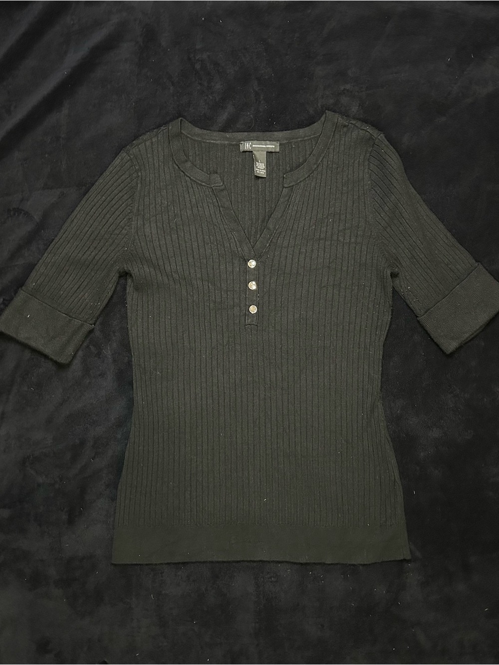 INC International Concepts Black Ribbed Henley Short Sleeve Top